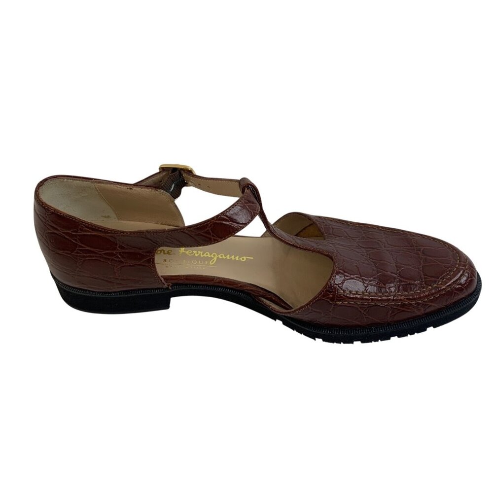 VTG 80s / 90s Ferragamo Boutique Croc Embossed Mary Jane Shoes Flats Sz 7.5 AA
